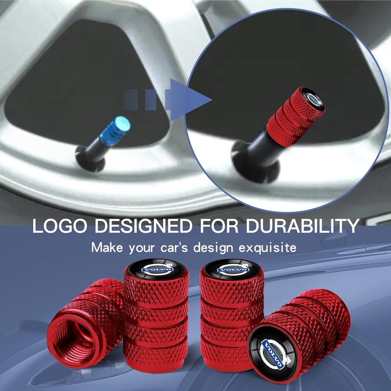 Comburvo 4Pcs Automobile Tire Valve Stem Covers, Corrosion-Resistant Tire Valve Stem Cover Suitable for Caps Compatible with Volvo s60 s90 xc60 xc40 xc90 v60 v90 Series Stem Cap Universal Car Valve Cover Red - Image 3